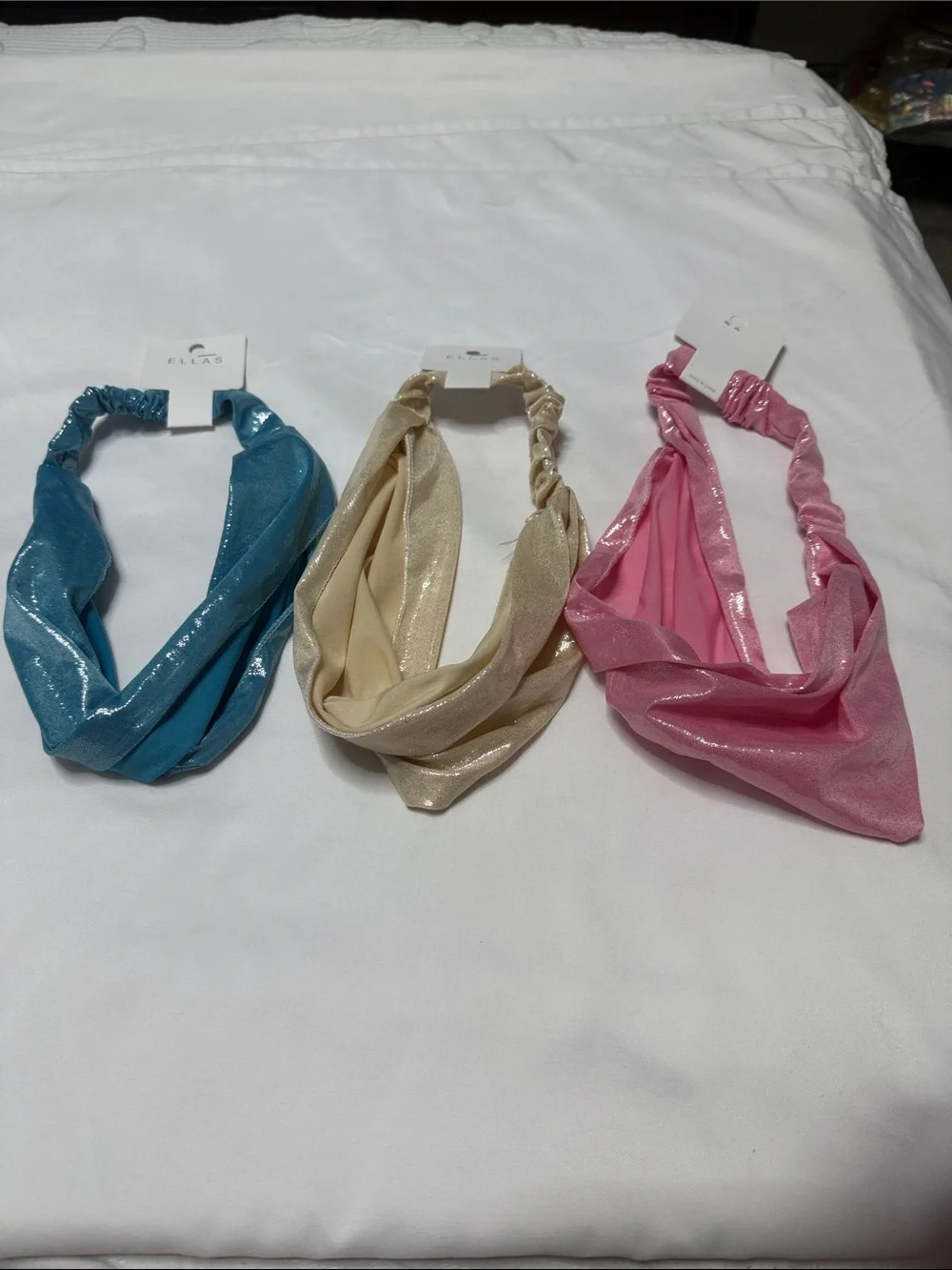 Set of 3 Shimmery Twist Headbands in Blue, Gold & Pink